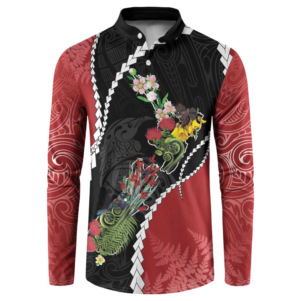 New Zealand Christmas Button Sweatshirt Flora Map with Birds - Polynesian Pride