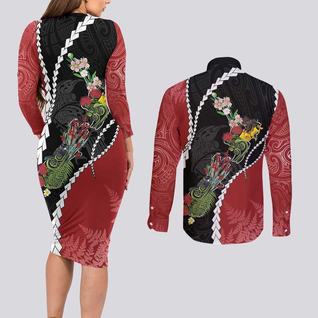New Zealand Christmas Couples Matching Long Sleeve Bodycon Dress and Long Sleeve Button Shirt Flora Map with Birds - Polynesian Pride