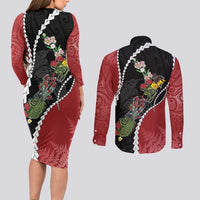 New Zealand Christmas Couples Matching Long Sleeve Bodycon Dress and Long Sleeve Button Shirt Flora Map with Birds - Polynesian Pride