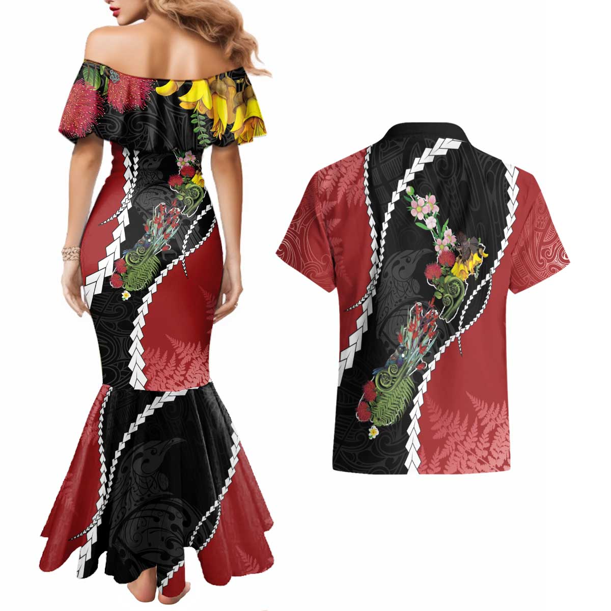 New Zealand Christmas Couples Matching Mermaid Dress and Hawaiian Shirt Flora Map with Birds - Polynesian Pride