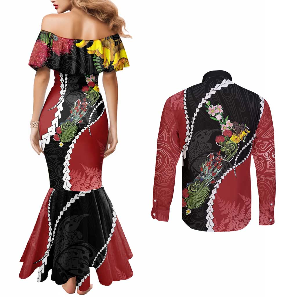 New Zealand Christmas Couples Matching Mermaid Dress and Long Sleeve Button Shirt Flora Map with Birds - Polynesian Pride