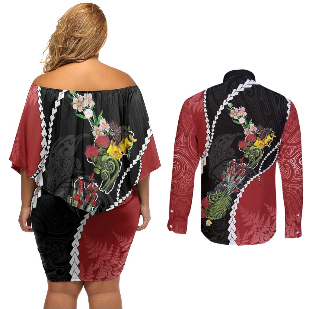 New Zealand Christmas Couples Matching Off Shoulder Short Dress and Long Sleeve Button Shirt Flora Map with Birds - Polynesian Pride