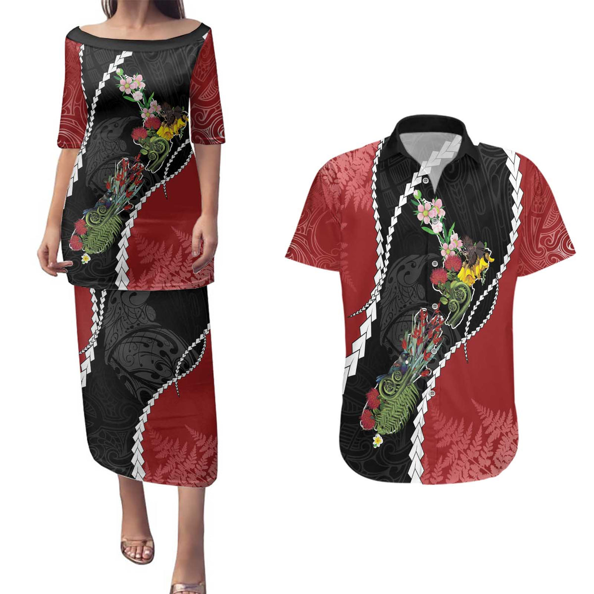 New Zealand Christmas Couples Matching Puletasi and Hawaiian Shirt Flora Map with Birds - Polynesian Pride