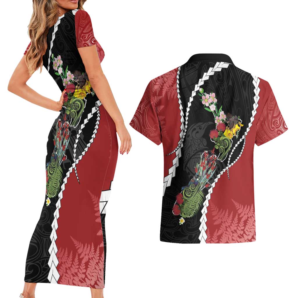 New Zealand Christmas Couples Matching Short Sleeve Bodycon Dress and Hawaiian Shirt Flora Map with Birds - Polynesian Pride