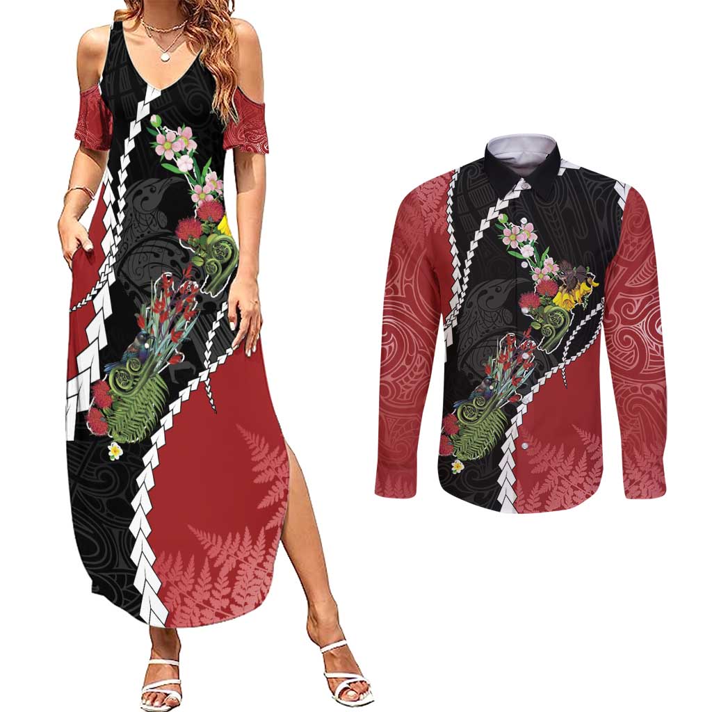 New Zealand Christmas Couples Matching Summer Maxi Dress and Long Sleeve Button Shirt Flora Map with Birds - Polynesian Pride