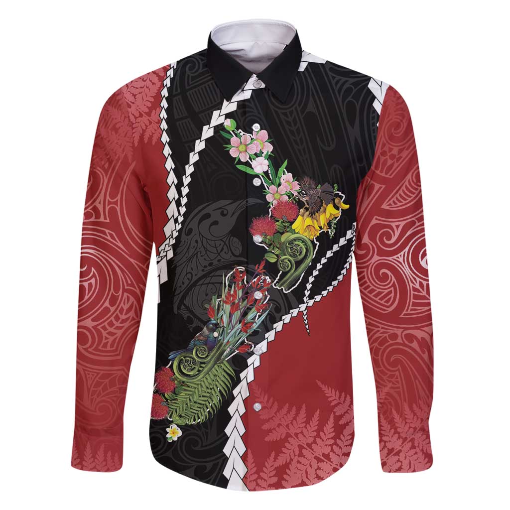 New Zealand Christmas Family Matching Long Sleeve Bodycon Dress and Hawaiian Shirt Flora Map with Birds - Polynesian Pride