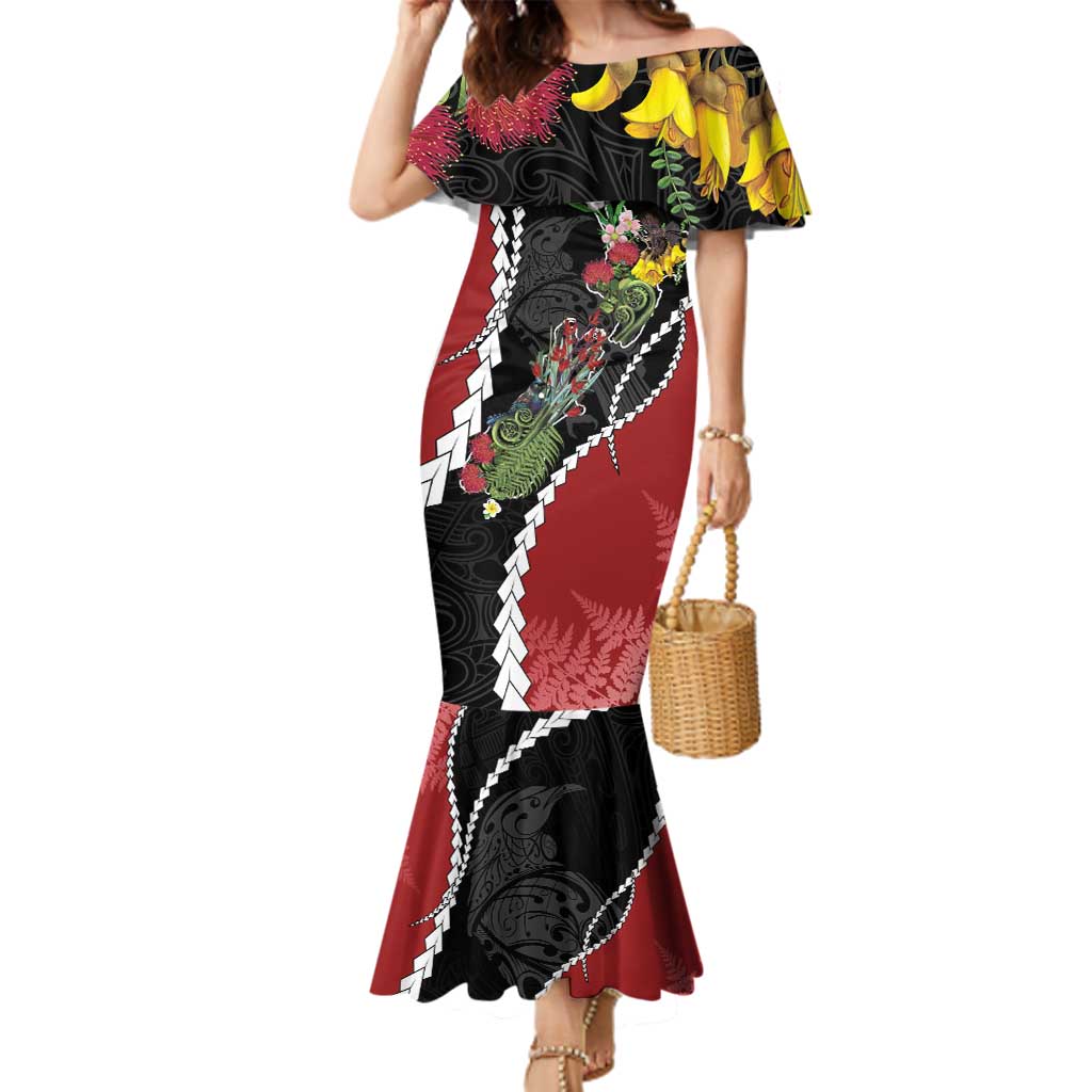 New Zealand Christmas Family Matching Mermaid Dress and Hawaiian Shirt Flora Map with Birds - Polynesian Pride