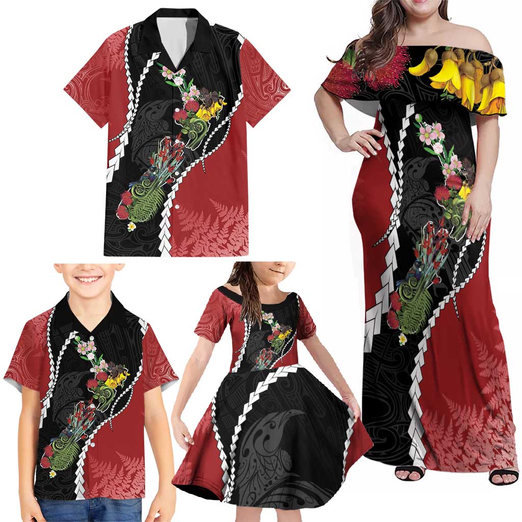 New Zealand Christmas Family Matching Off Shoulder Maxi Dress and Hawaiian Shirt Flora Map with Birds - Polynesian Pride