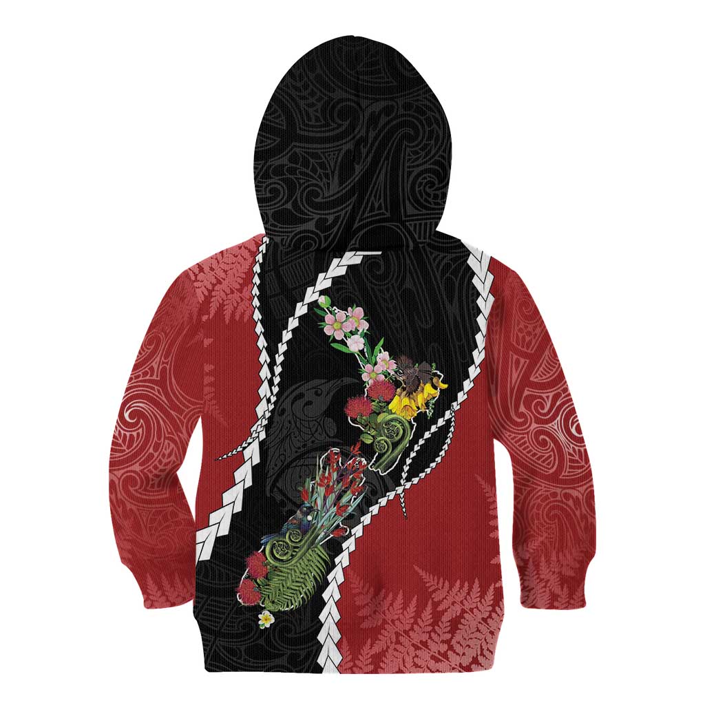 New Zealand Christmas Kid Hoodie Flora Map with Birds - Polynesian Pride