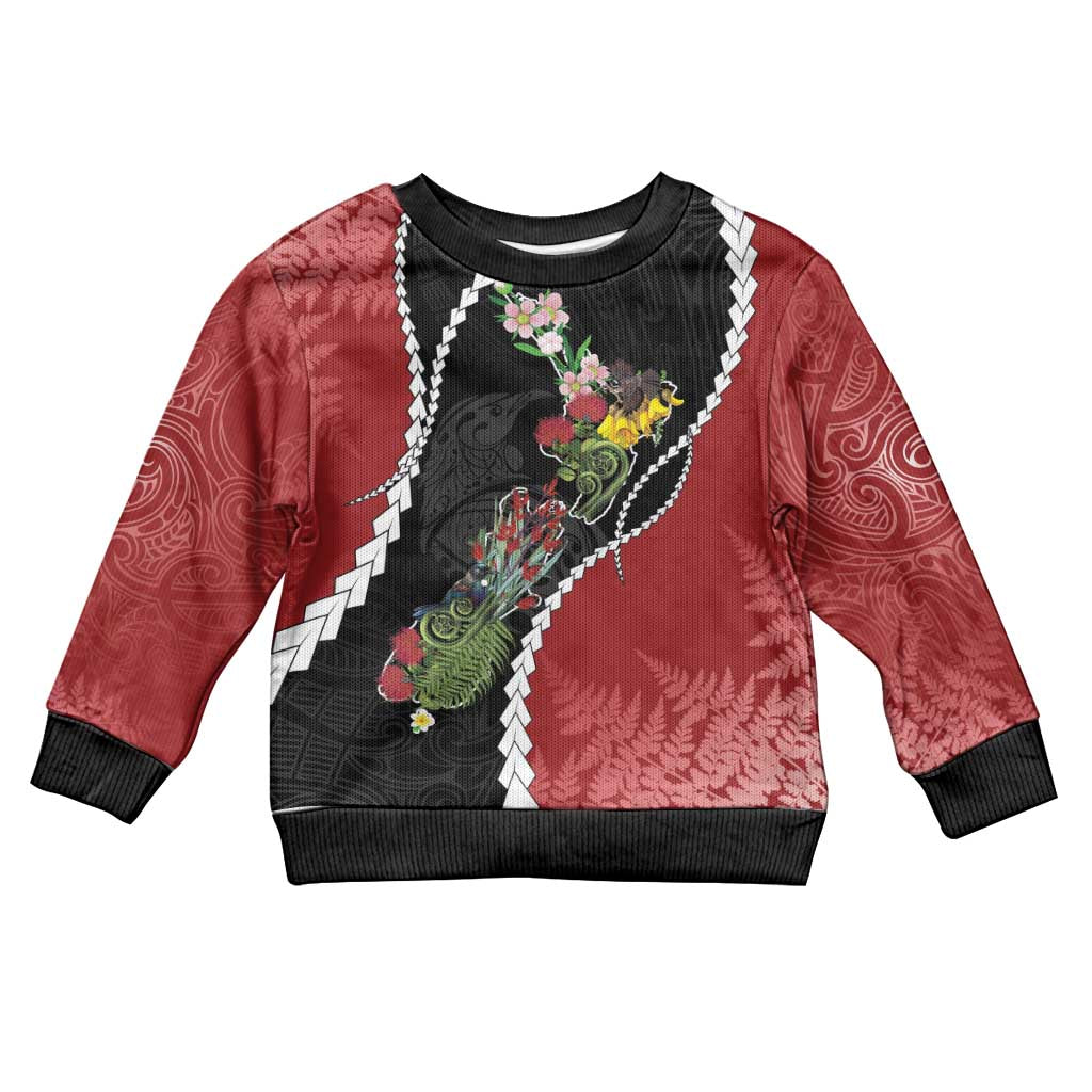 New Zealand Christmas Kid Ugly Christmas Sweater Flora Map with Birds - Polynesian Pride