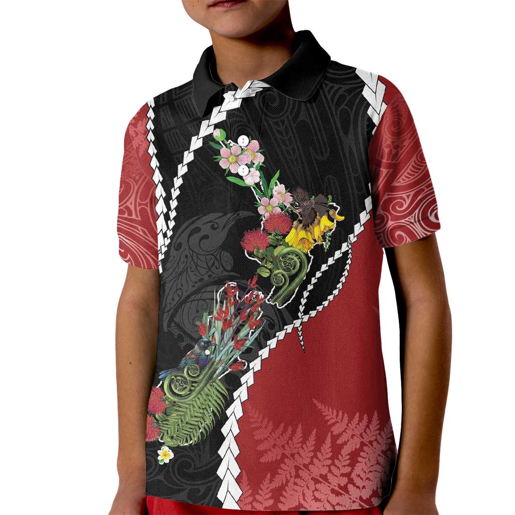 New Zealand Christmas Kid Polo Shirt Flora Map with Birds - Polynesian Pride