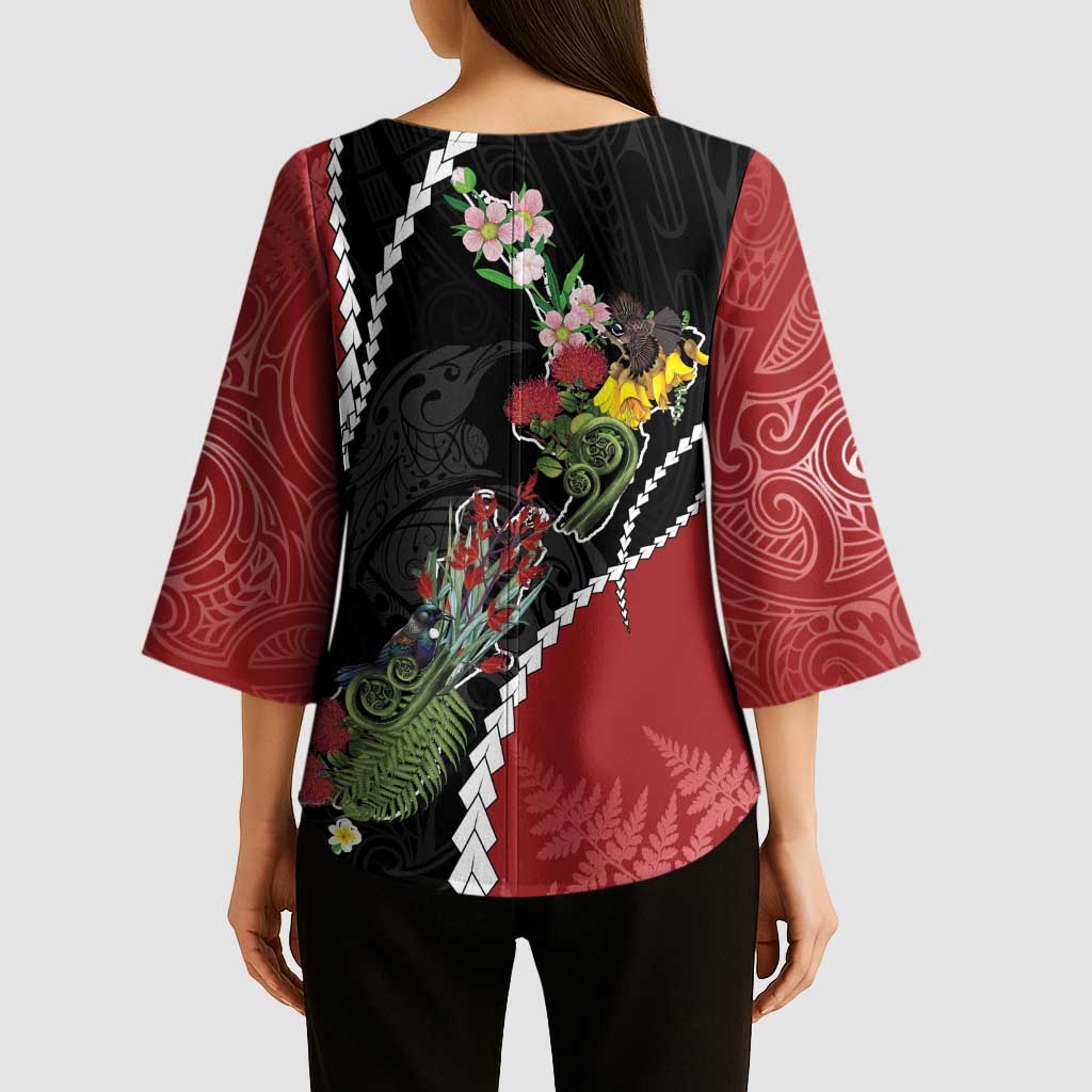 New Zealand Christmas Kimono Sleeve Blouse Flora Map with Birds - Polynesian Pride