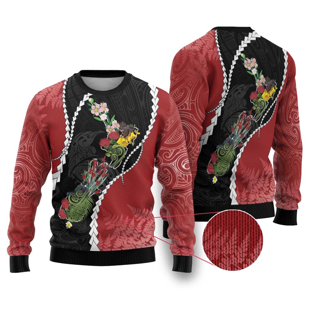 New Zealand Christmas Ugly Christmas Sweater Flora Map with Birds - Polynesian Pride