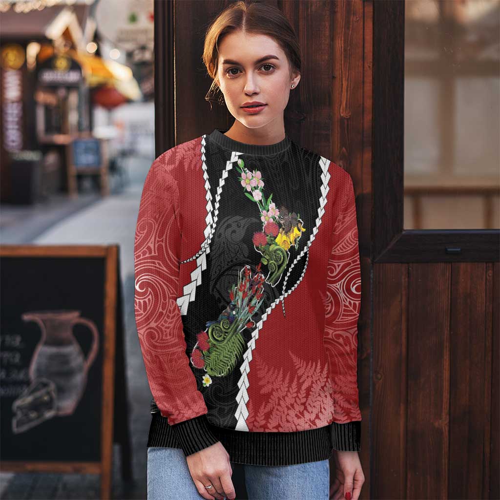 New Zealand Christmas Ugly Christmas Sweater Flora Map with Birds - Polynesian Pride