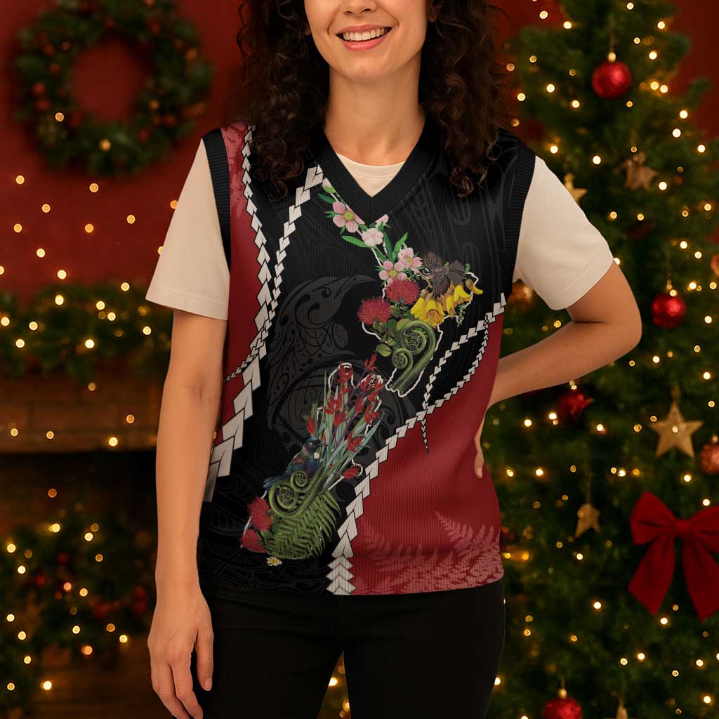 New Zealand Christmas Knitted V-Neck Vest Flora Map with Birds - Polynesian Pride