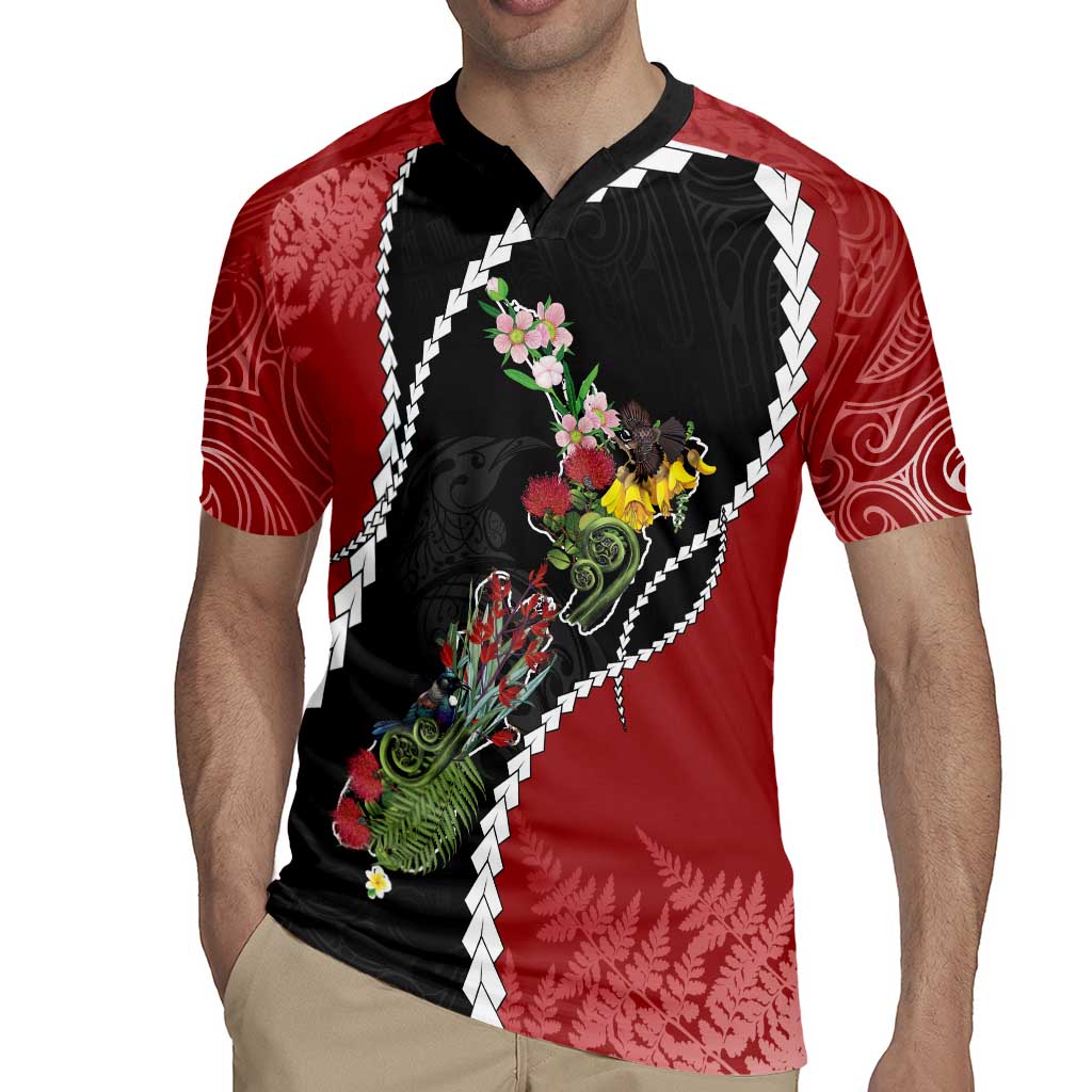 New Zealand Christmas Rugby Jersey Flora Map with Birds - Polynesian Pride