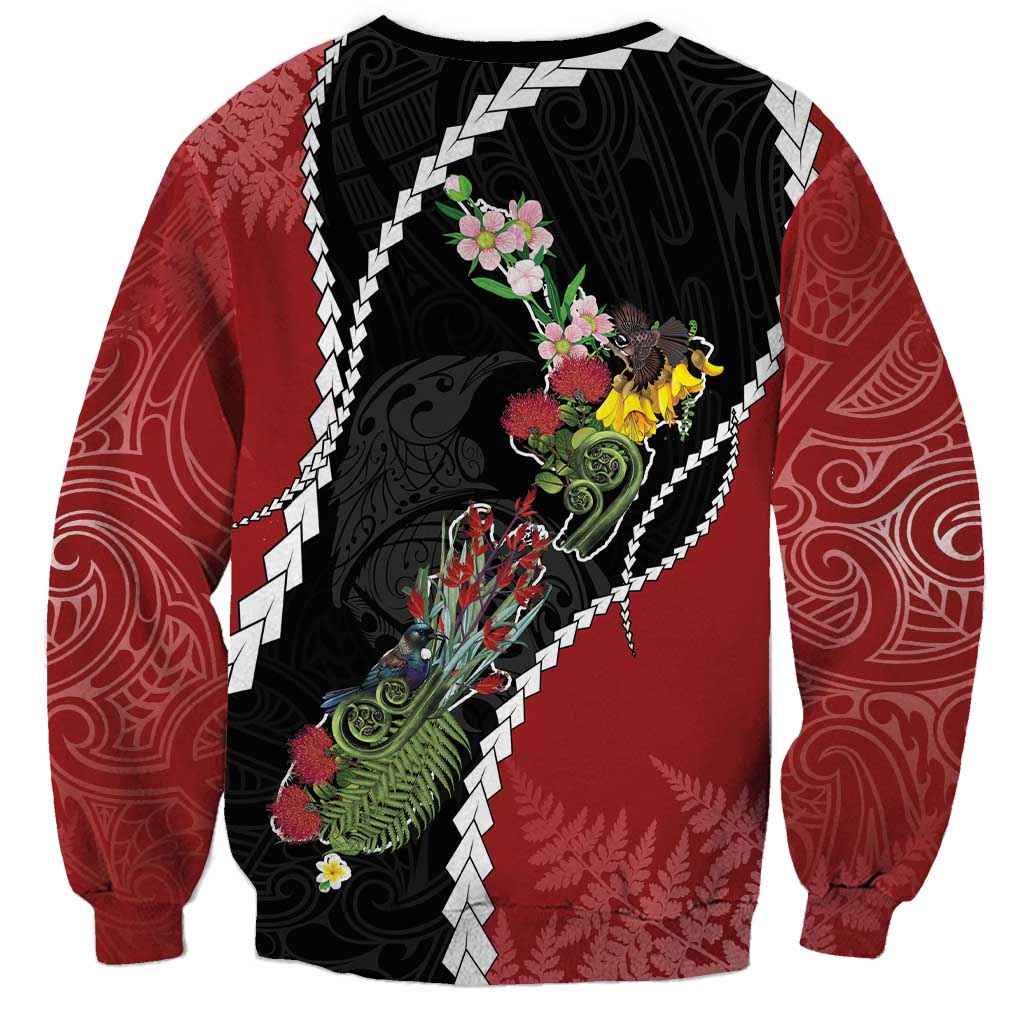 New Zealand Christmas Sweatshirt Flora Map with Birds - Polynesian Pride