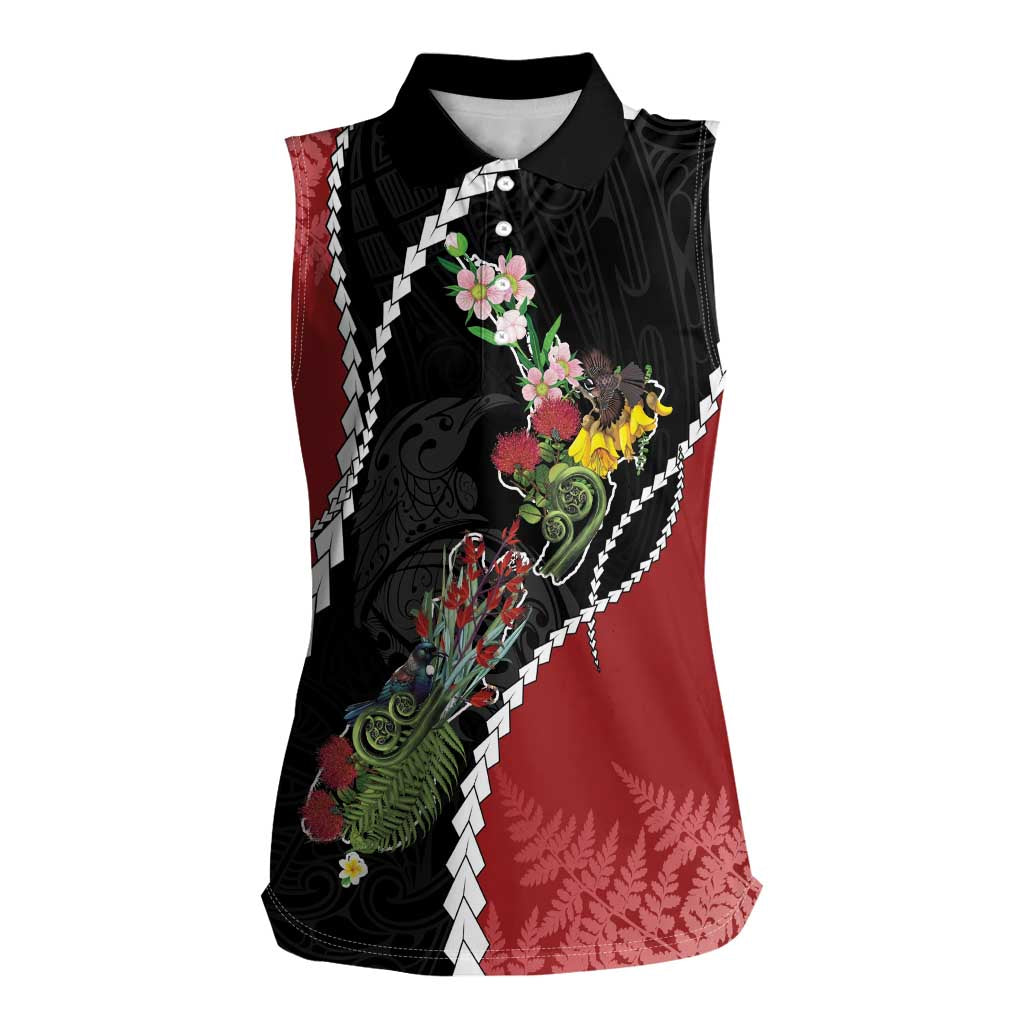 New Zealand Christmas Women Sleeveless Polo Shirt Flora Map with Birds - Polynesian Pride