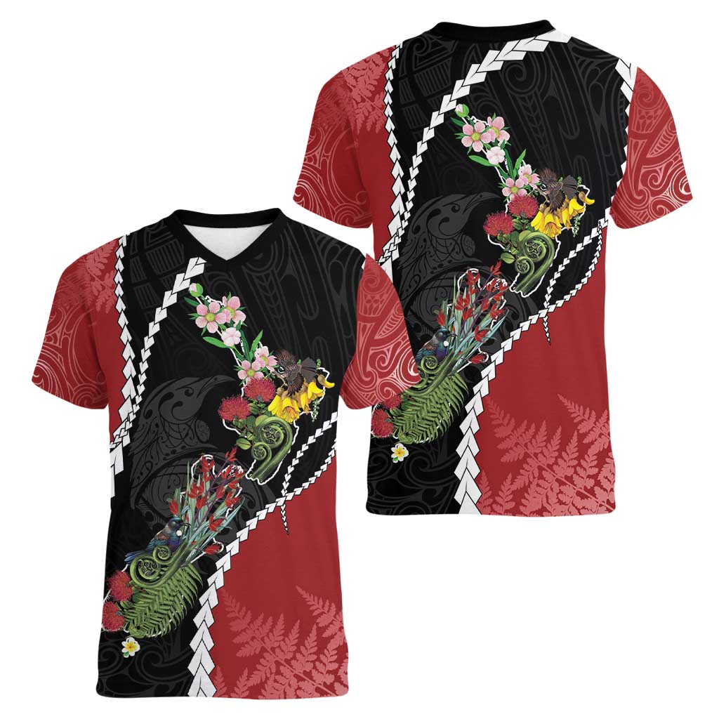 New Zealand Christmas Women V-Neck T-Shirt Flora Map with Birds - Polynesian Pride