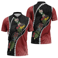New Zealand Christmas Zipper Polo Shirt Flora Map with Birds - Polynesian Pride