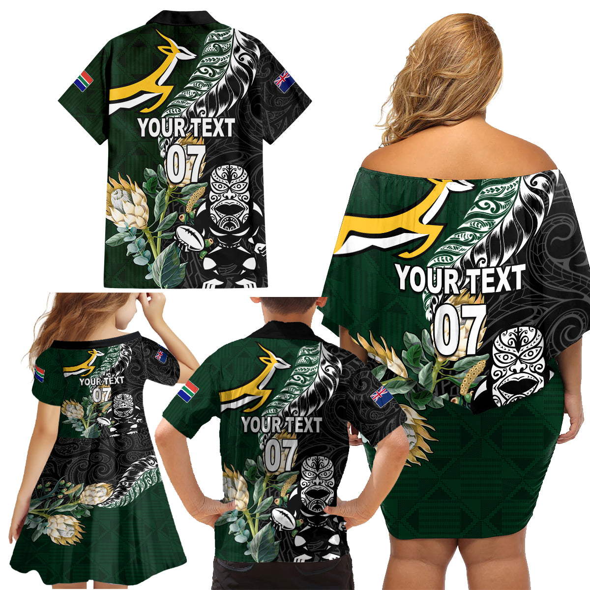 Custom South Africa Mix New Zealand Rugby 2023 Family Matching Off Shoulder Short Dress and Hawaiian Shirt World Cup Greatest Rivalry LT7 - Polynesian Pride
