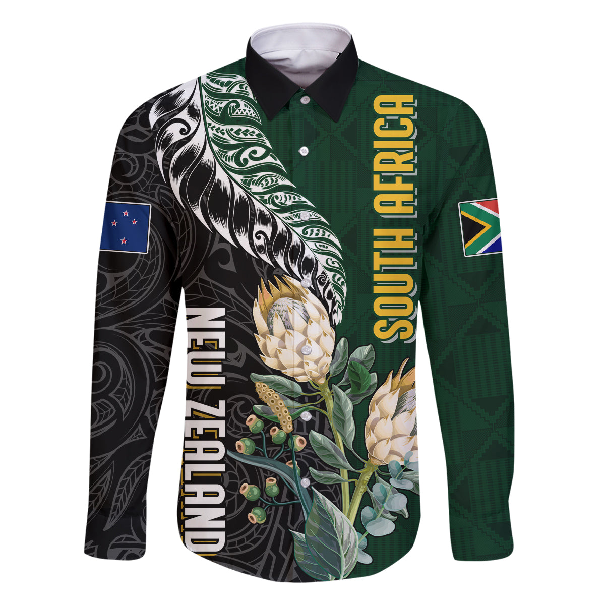 Custom South Africa Mix New Zealand Rugby 2023 Family Matching Summer Maxi Dress and Hawaiian Shirt World Cup Greatest Rivalry LT7 Dad's Shirt - Long Sleeve Black Green - Polynesian Pride