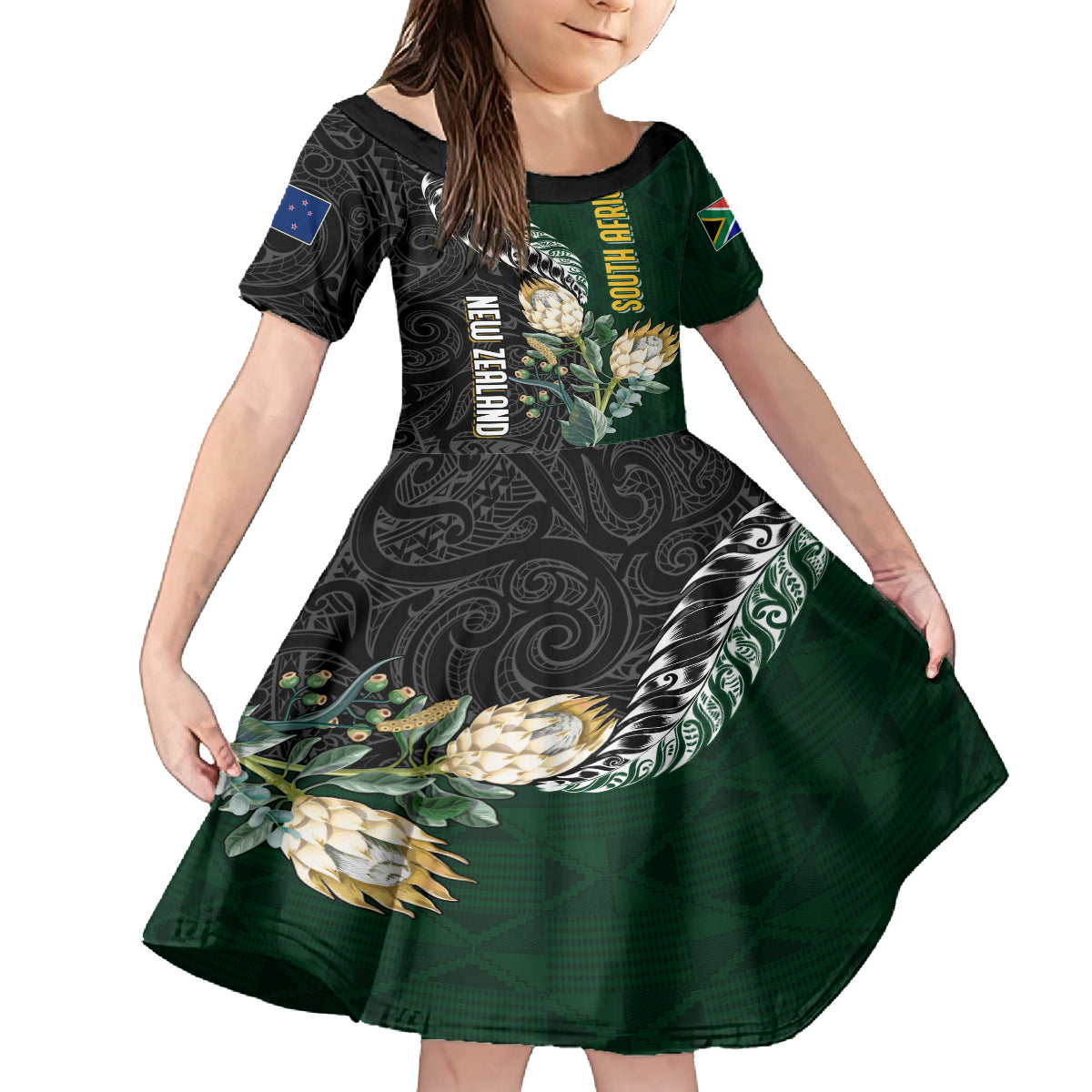 Custom South Africa Mix New Zealand Rugby 2023 Family Matching Tank Maxi Dress and Hawaiian Shirt World Cup Greatest Rivalry LT7 Daughter's Dress Black Green - Polynesian Pride