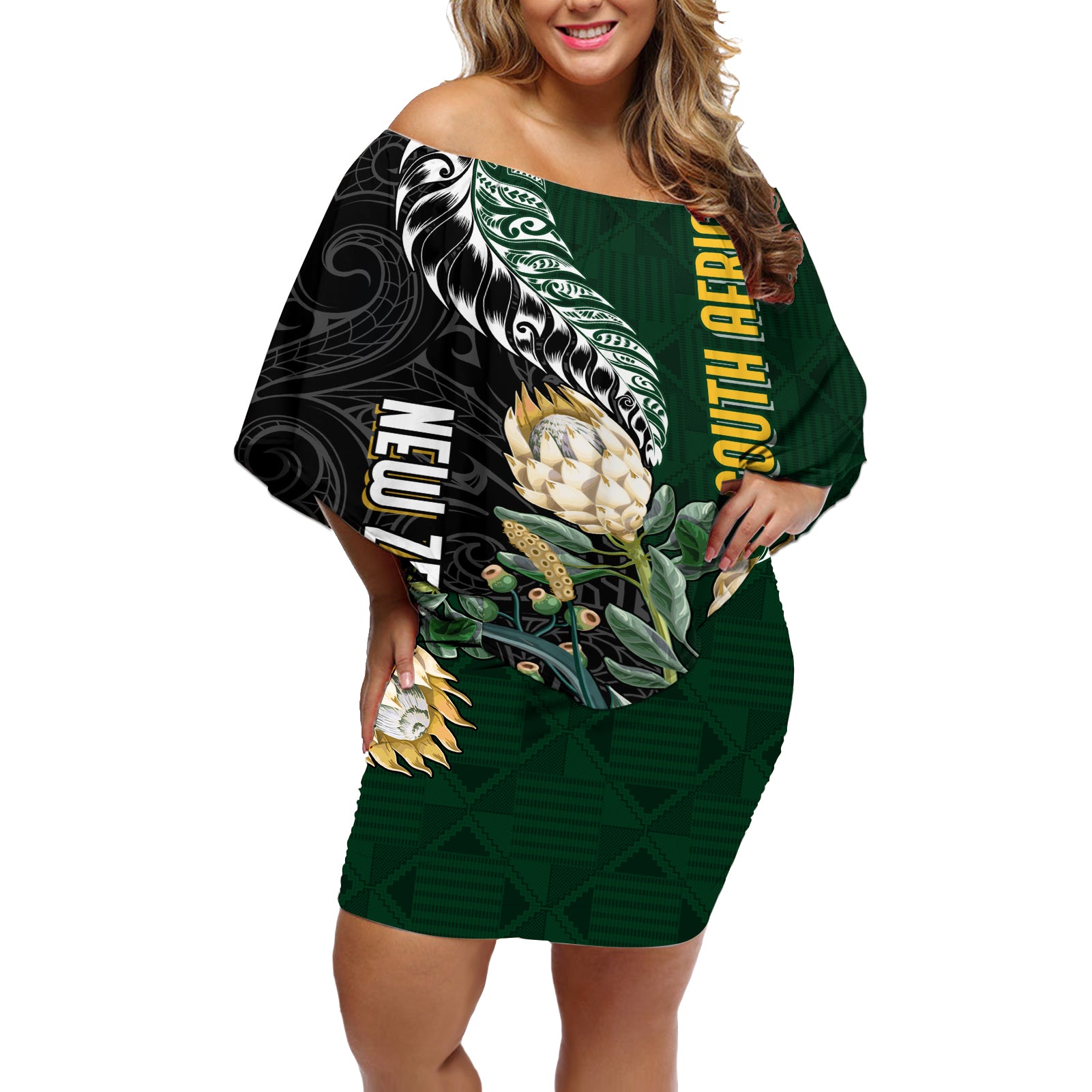 Custom South Africa Mix New Zealand Rugby 2023 Off Shoulder Short Dress World Cup Greatest Rivalry LT7 Women Black Green - Polynesian Pride