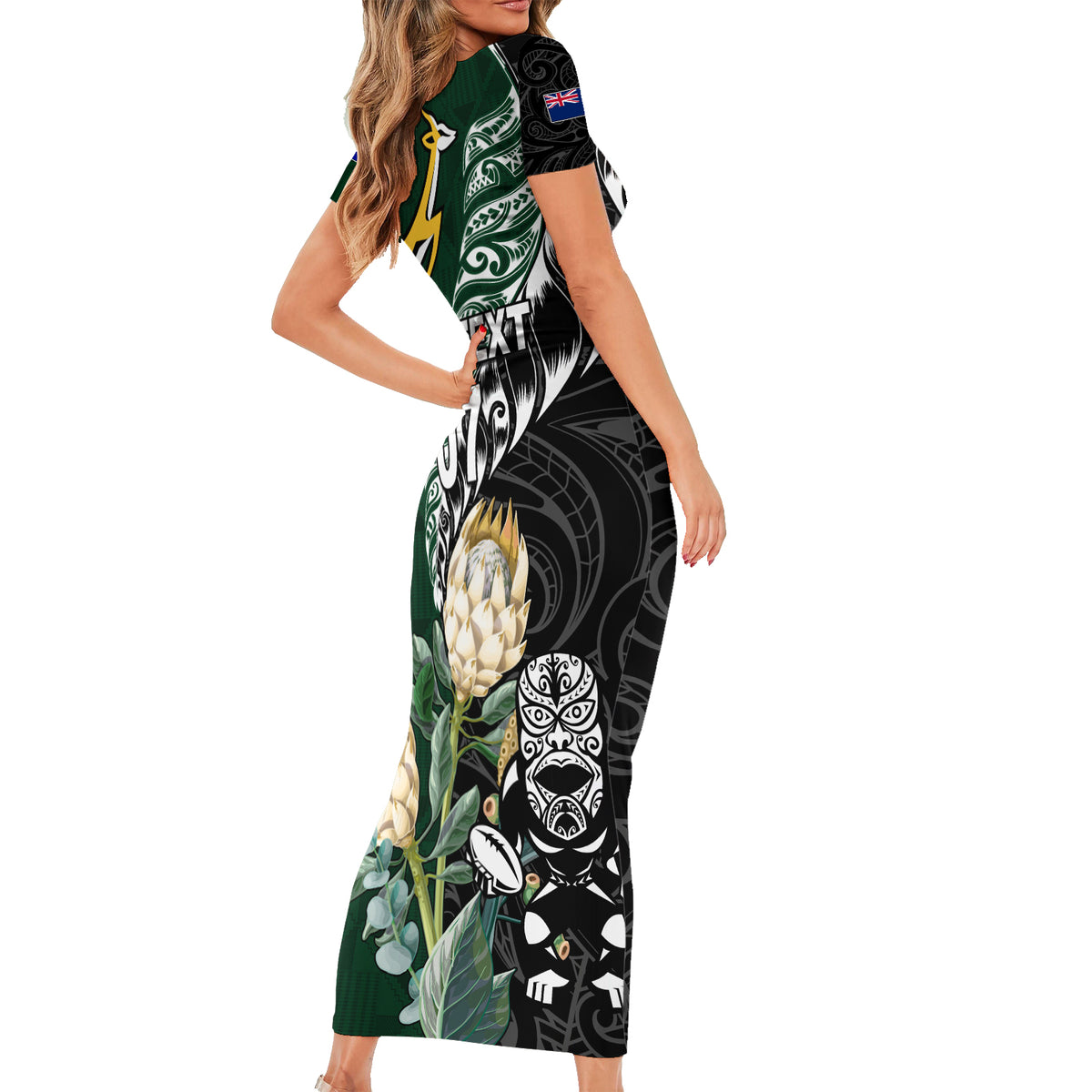 Custom South Africa Mix New Zealand Rugby 2023 Short Sleeve Bodycon Dress World Cup Greatest Rivalry LT7 - Polynesian Pride