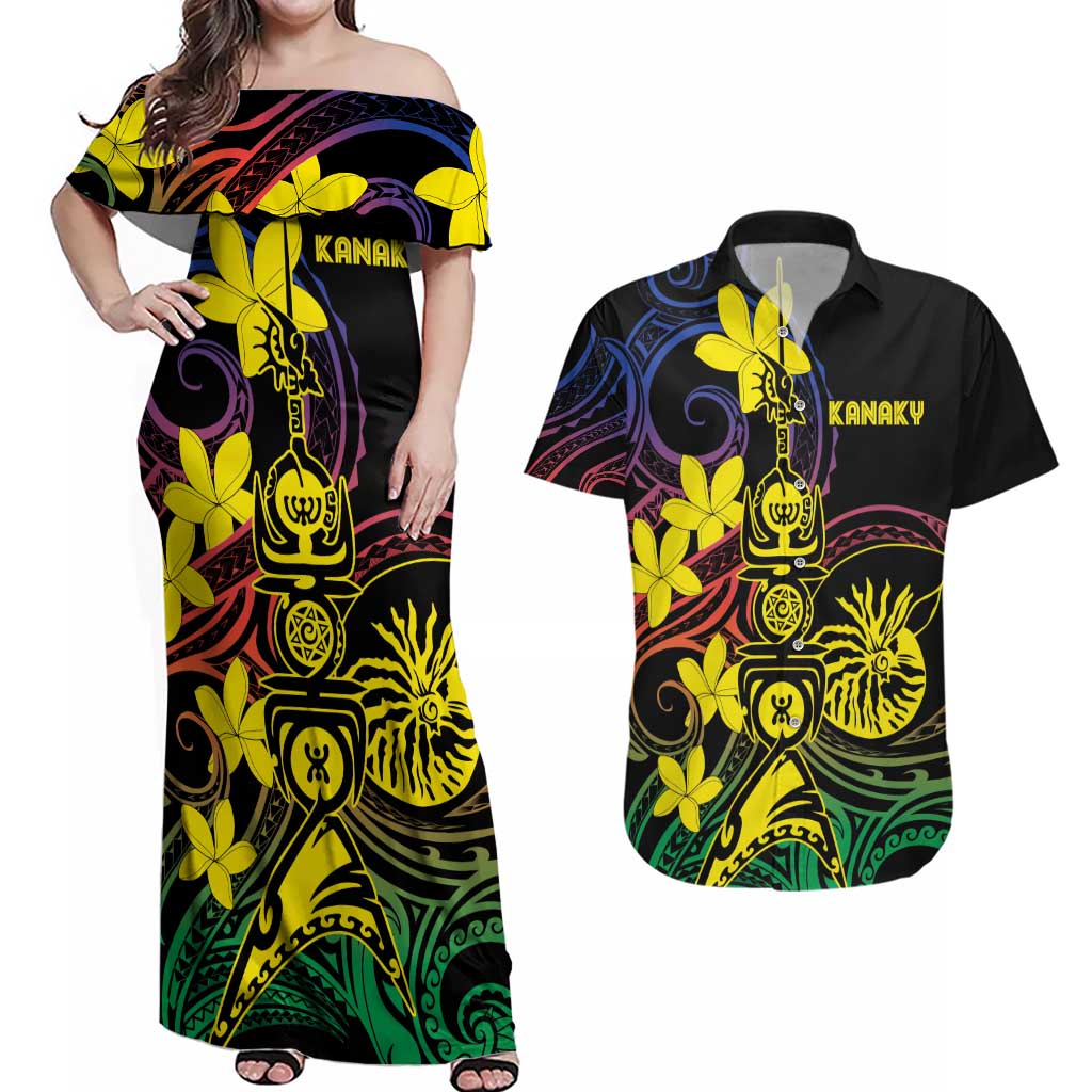 New Caledonia Kanaky Personalized Couples Matching Off Shoulder Maxi Dress and Hawaiian Shirt Fleche Faitiere - Plumeria