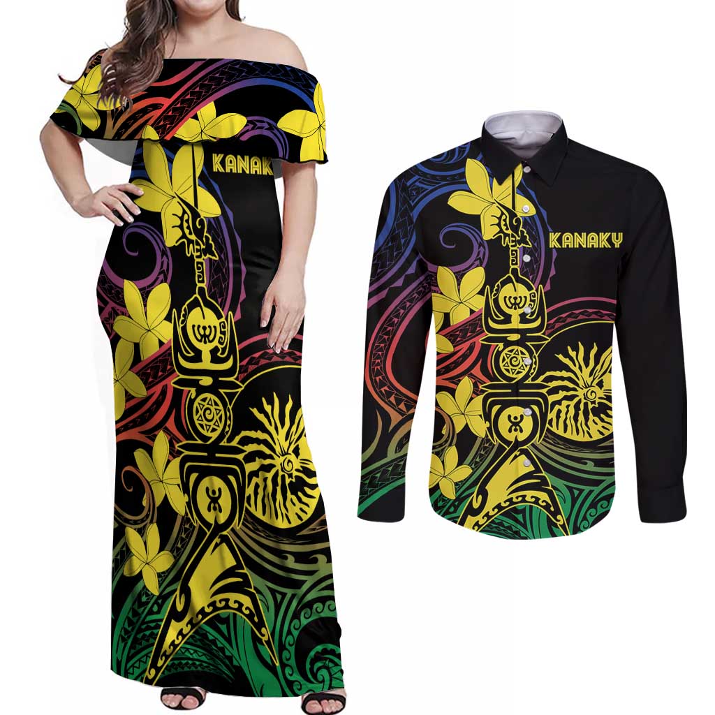 New Caledonia Kanaky Personalized Couples Matching Off Shoulder Maxi Dress and Long Sleeve Button Shirt Fleche Faitiere - Plumeria