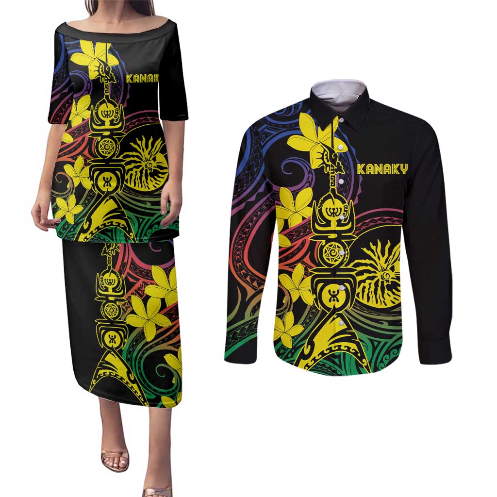 New Caledonia Kanaky Personalized Couples Matching Puletasi and Long Sleeve Button Shirt Fleche Faitiere - Plumeria