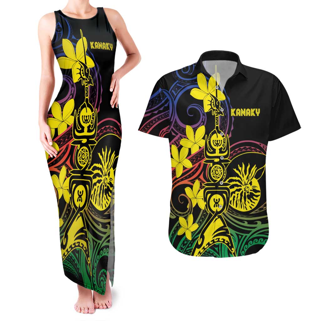 New Caledonia Kanaky Personalized Couples Matching Tank Maxi Dress and Hawaiian Shirt Fleche Faitiere - Plumeria