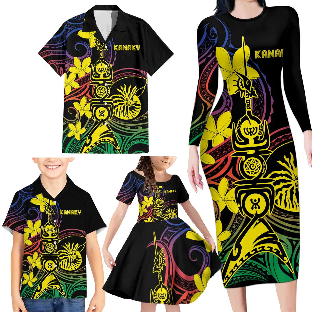 New Caledonia Kanaky Personalized Family Matching Long Sleeve Bodycon Dress and Hawaiian Shirt Fleche Faitiere - Plumeria