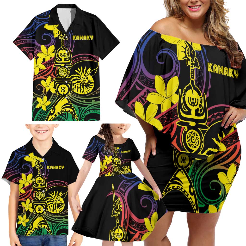 New Caledonia Kanaky Personalized Family Matching Off Shoulder Short Dress and Hawaiian Shirt Fleche Faitiere - Plumeria