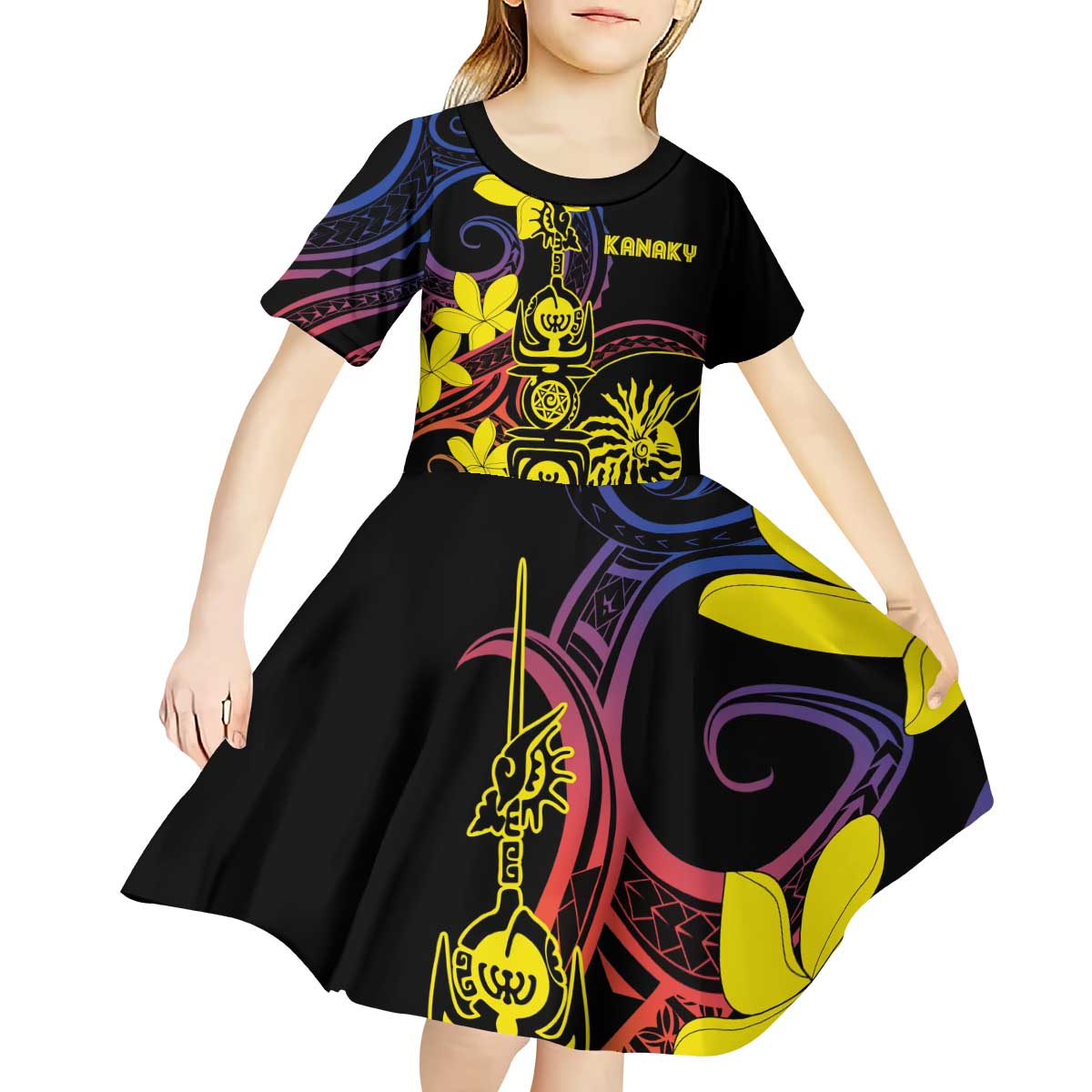 New Caledonia Kanaky Personalized Kid Short Sleeve Dress Fleche Faitiere - Plumeria