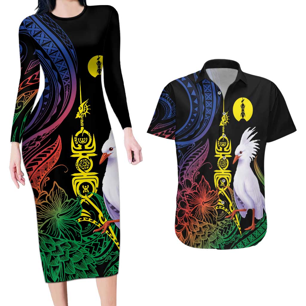 New Caledonia Kanaky Personalized Couples Matching Long Sleeve Bodycon Dress and Hawaiian Shirt Fleche Faitiere Mix Kagu