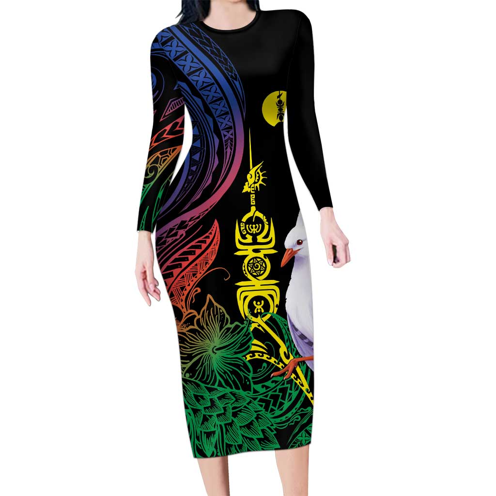 New Caledonia Kanaky Personalized Long Sleeve Bodycon Dress Fleche Faitiere Mix Kagu