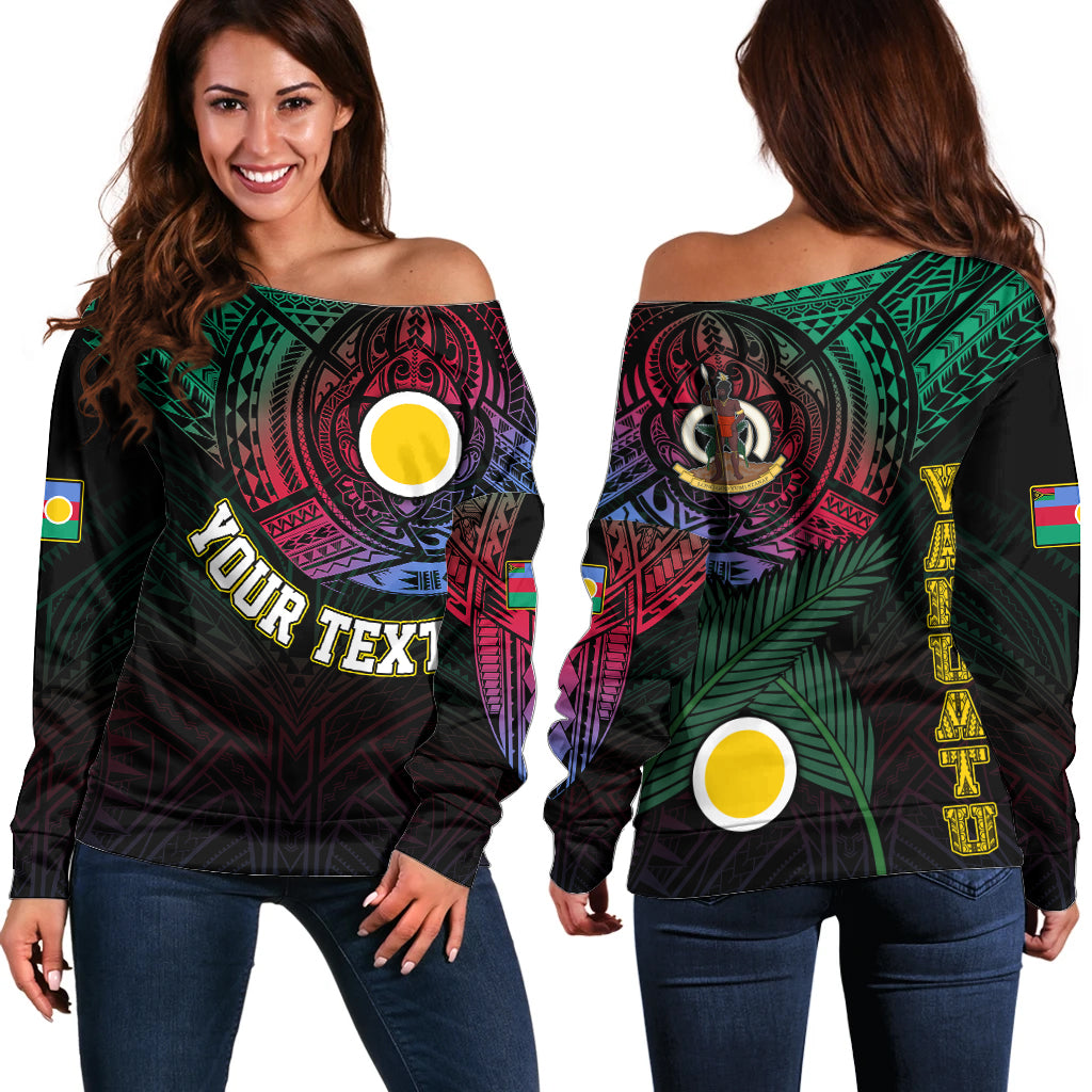 Personalised Vanuatu Off Shoulder Sweater Turtle Chest Tattoo Flag Color - Shefa LT7 Women Black - Polynesian Pride