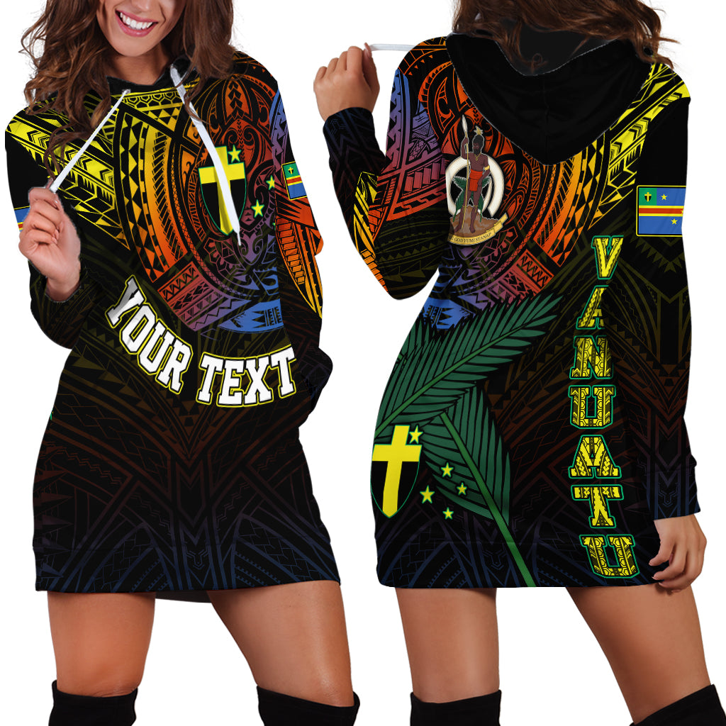 Personalised Vanuatu Hoodie Dress Turtle Chest Tattoo Flag Color - Tafea LT7 Black - Polynesian Pride