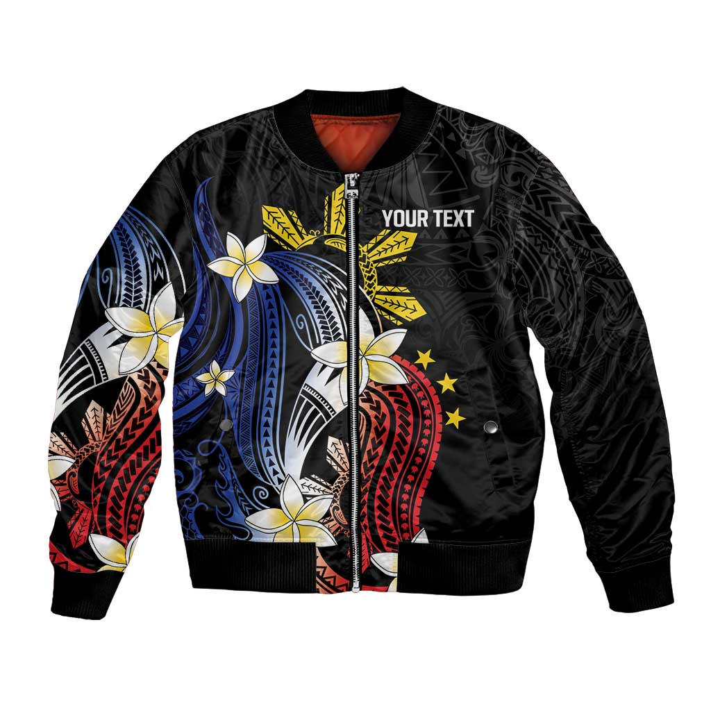 Personalized Philippines Tribal Bomber Jacket Tropical Waves - Plumeria