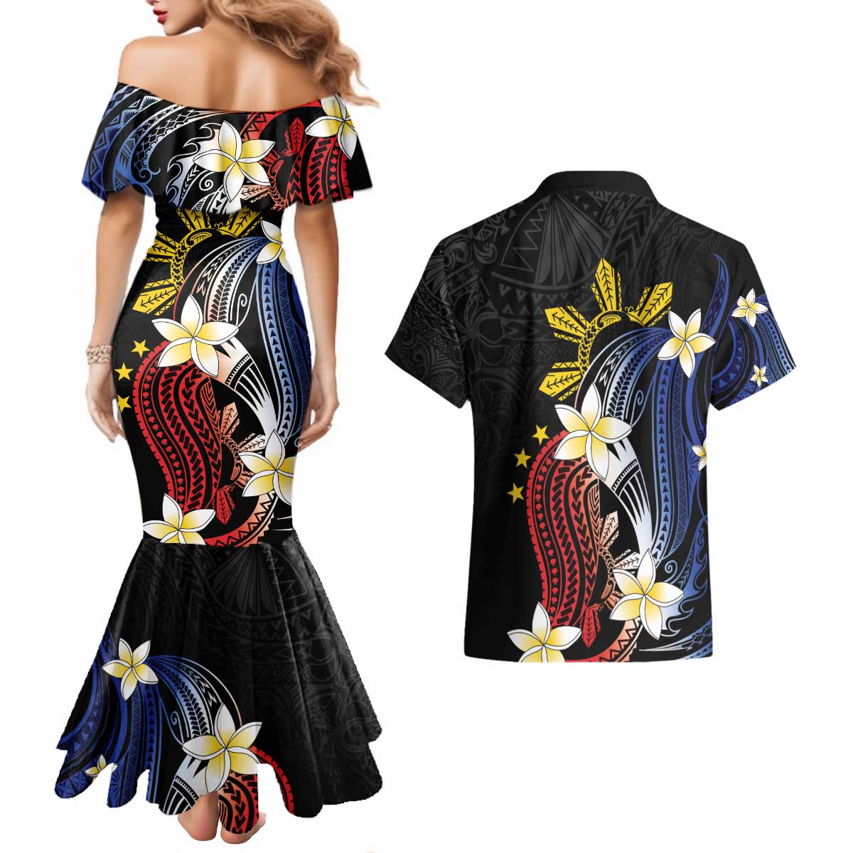 Personalized Philippines Tribal Couples Matching Mermaid Dress and Hawaiian Shirt Tropical Waves - Plumeria