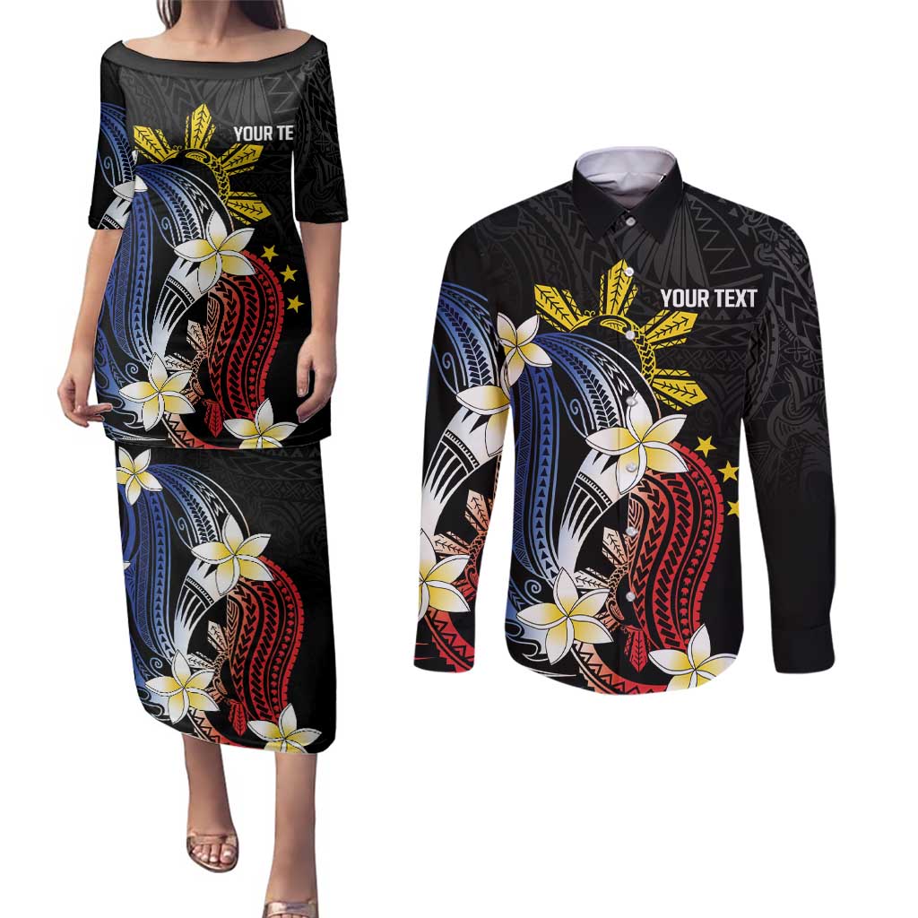 Personalized Philippines Tribal Couples Matching Puletasi and Long Sleeve Button Shirt Tropical Waves - Plumeria