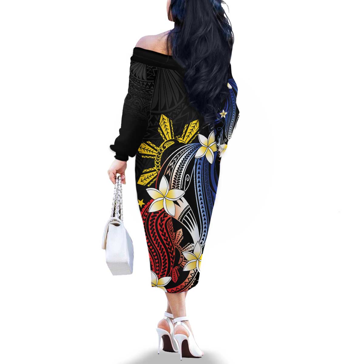 Personalized Philippines Tribal Family Matching Off The Shoulder Long Sleeve Dress and Hawaiian Shirt Tropical Waves - Plumeria