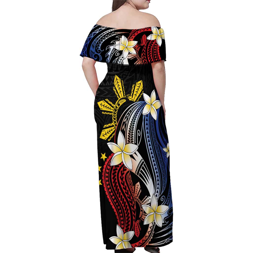 Personalized Philippines Tribal Family Matching Off Shoulder Maxi Dress and Hawaiian Shirt Tropical Waves - Plumeria