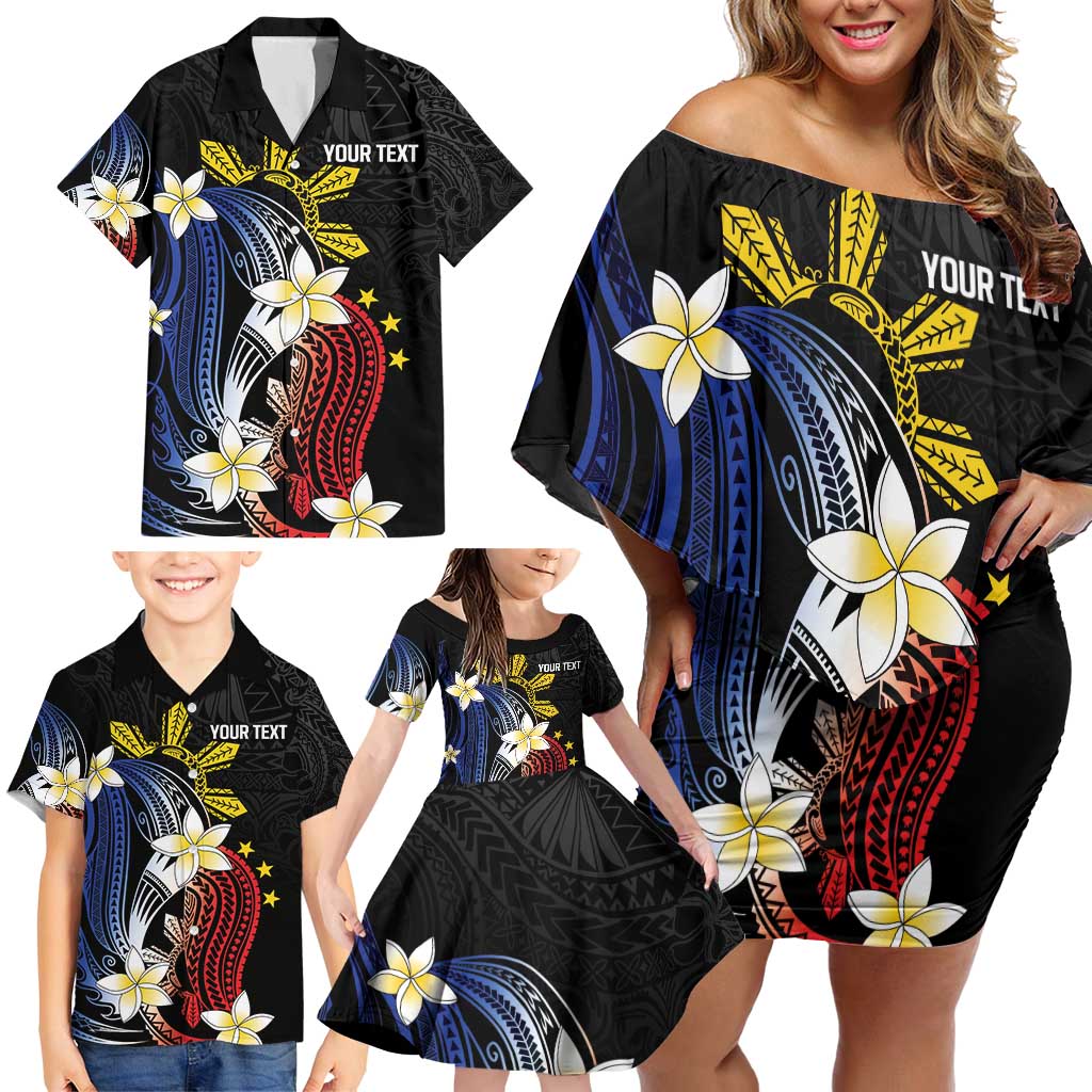 Personalized Philippines Tribal Family Matching Off Shoulder Short Dress and Hawaiian Shirt Tropical Waves - Plumeria
