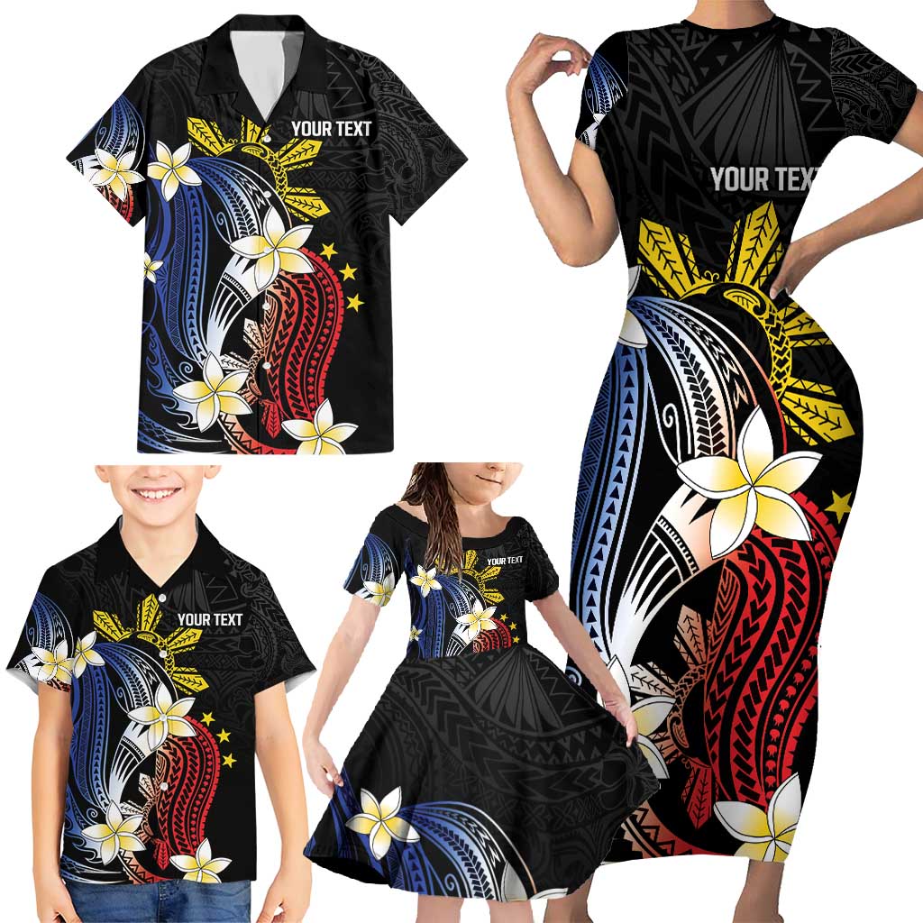 Personalized Philippines Tribal Family Matching Short Sleeve Bodycon Dress and Hawaiian Shirt Tropical Waves - Plumeria
