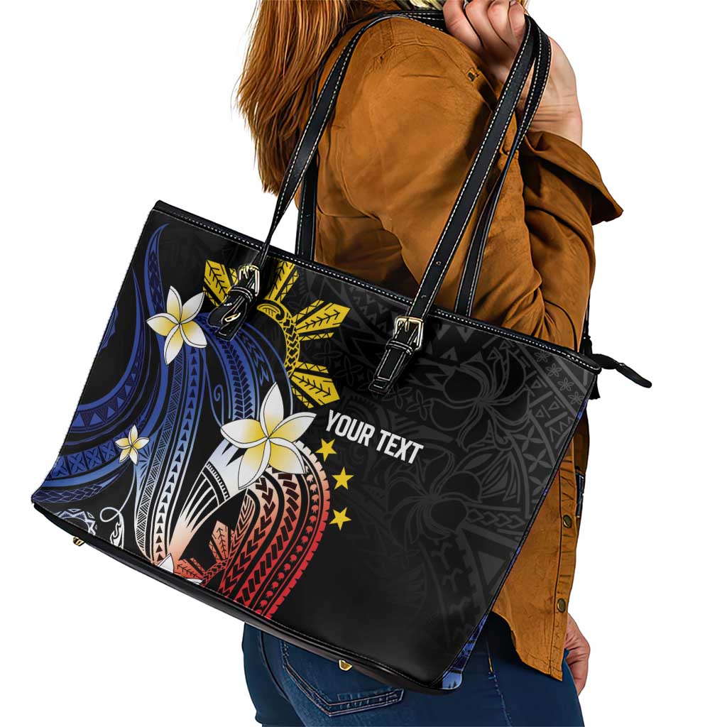 Personalized Philippines Tribal Leather Tote Bag Tropical Waves - Plumeria
