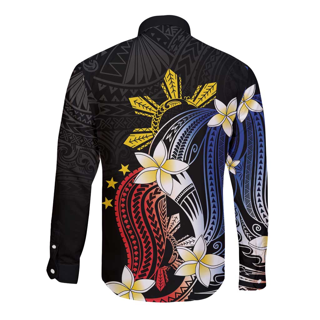 Personalized Philippines Tribal Long Sleeve Button Shirt Tropical Waves - Plumeria