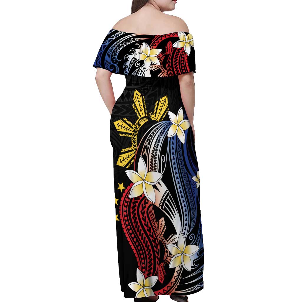 Personalized Philippines Tribal Off Shoulder Maxi Dress Tropical Waves - Plumeria